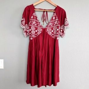 En Creme Red Embroidered Babydoll Dress